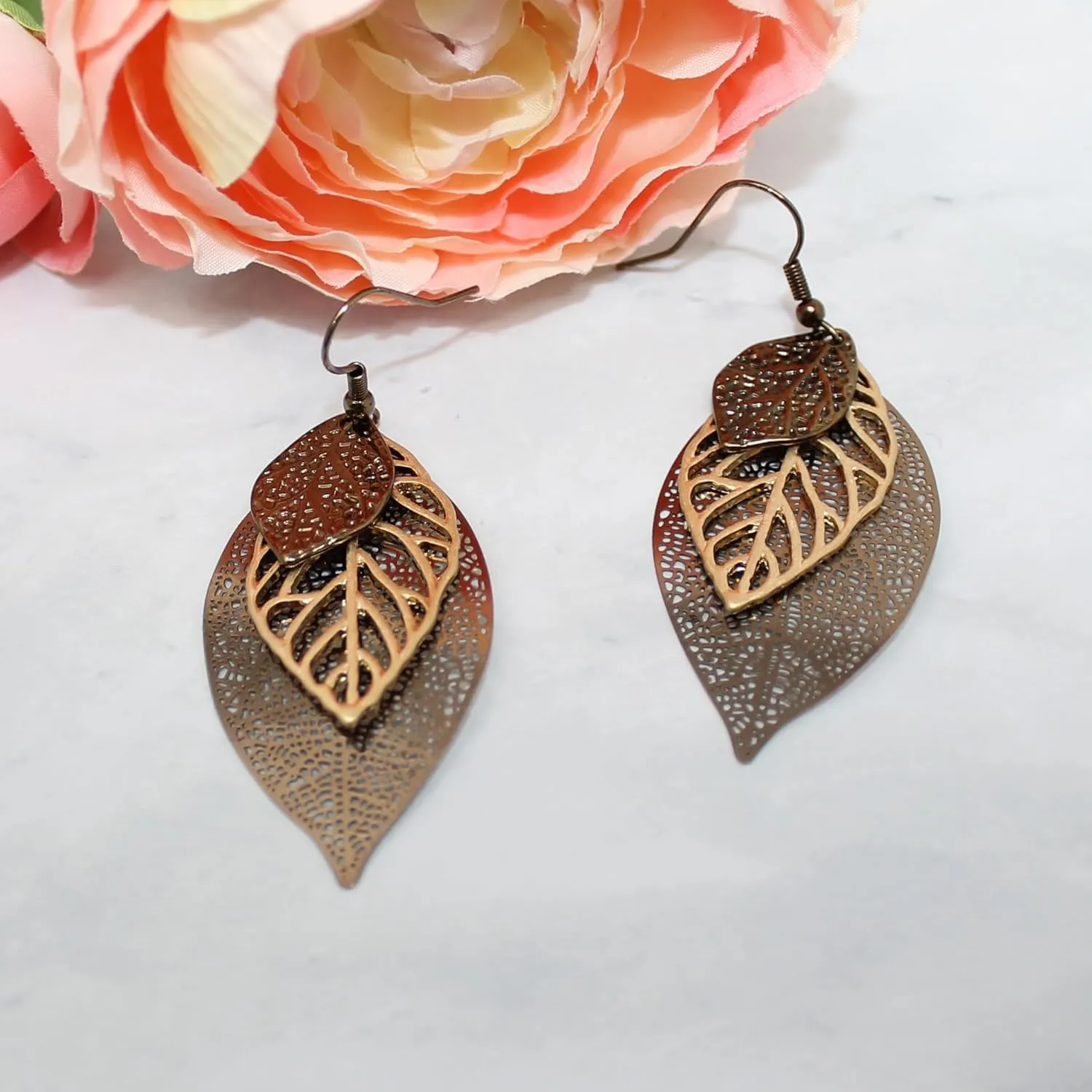 Pomina Choco Gold Fashion Fall Leaf Boho Earrings Gold Silver Two Tone Filigree Leaf Dangle Drop Earrings for Women