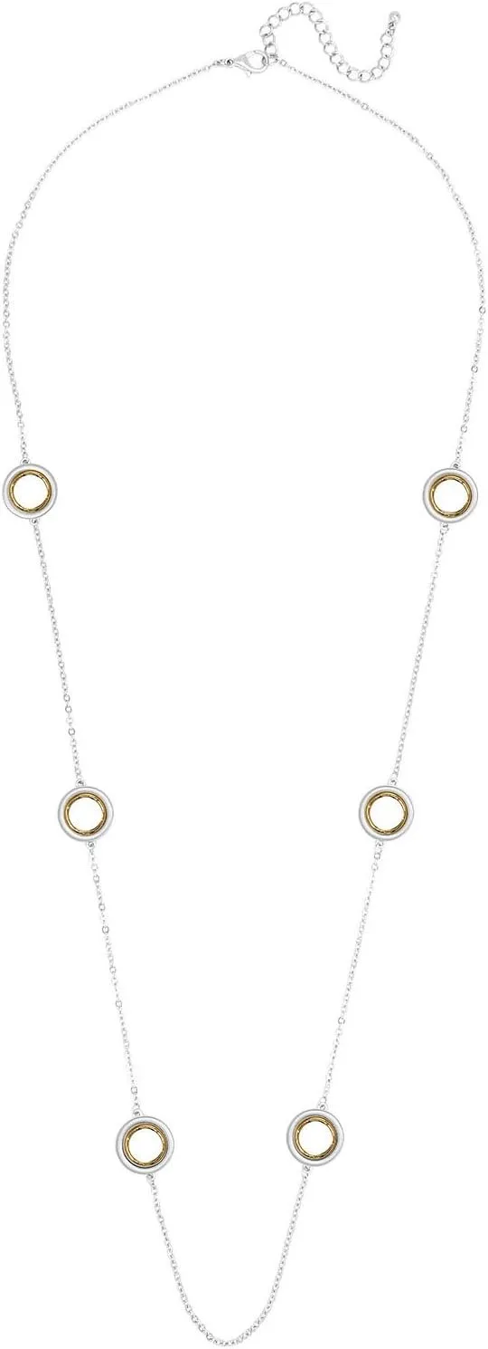 POMINA Gold Disc Coin Heart Station Necklace Gold Silver Two Tone Circle Ring Station Long Necklace for Women