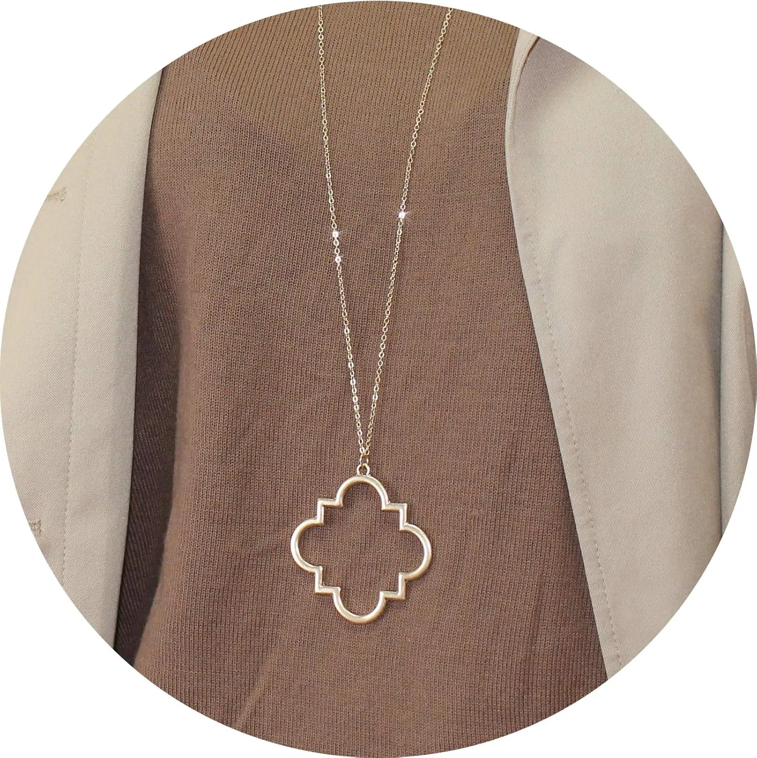 POMINA Gold Fashion Long Chain Necklace Quatrefoil Necklace Two-Tone Clover Pendant Necklace Geometric Pendant Sweater Long Necklace for Women