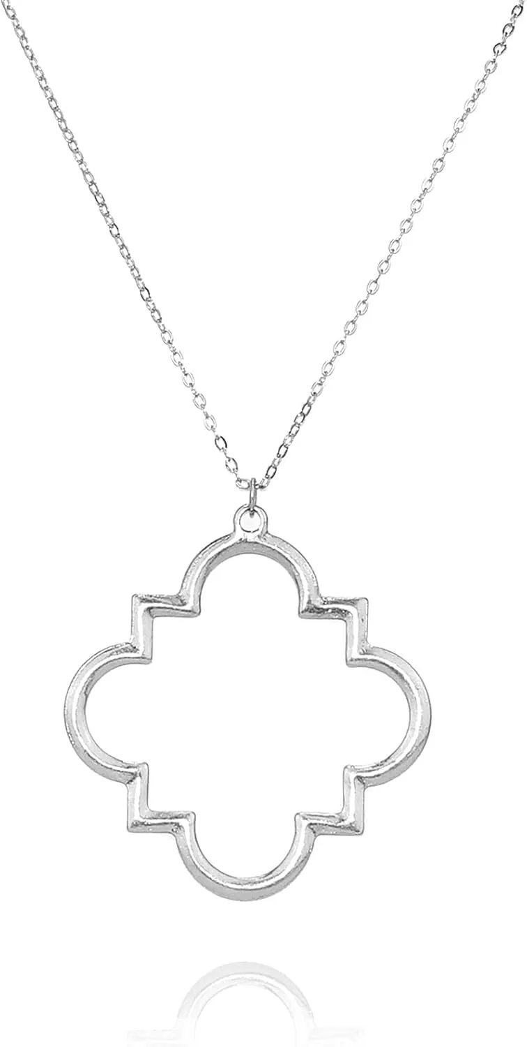 POMINA Gold Fashion Long Chain Necklace Quatrefoil Necklace Two-Tone Clover Pendant Necklace Geometric Pendant Sweater Long Necklace for Women