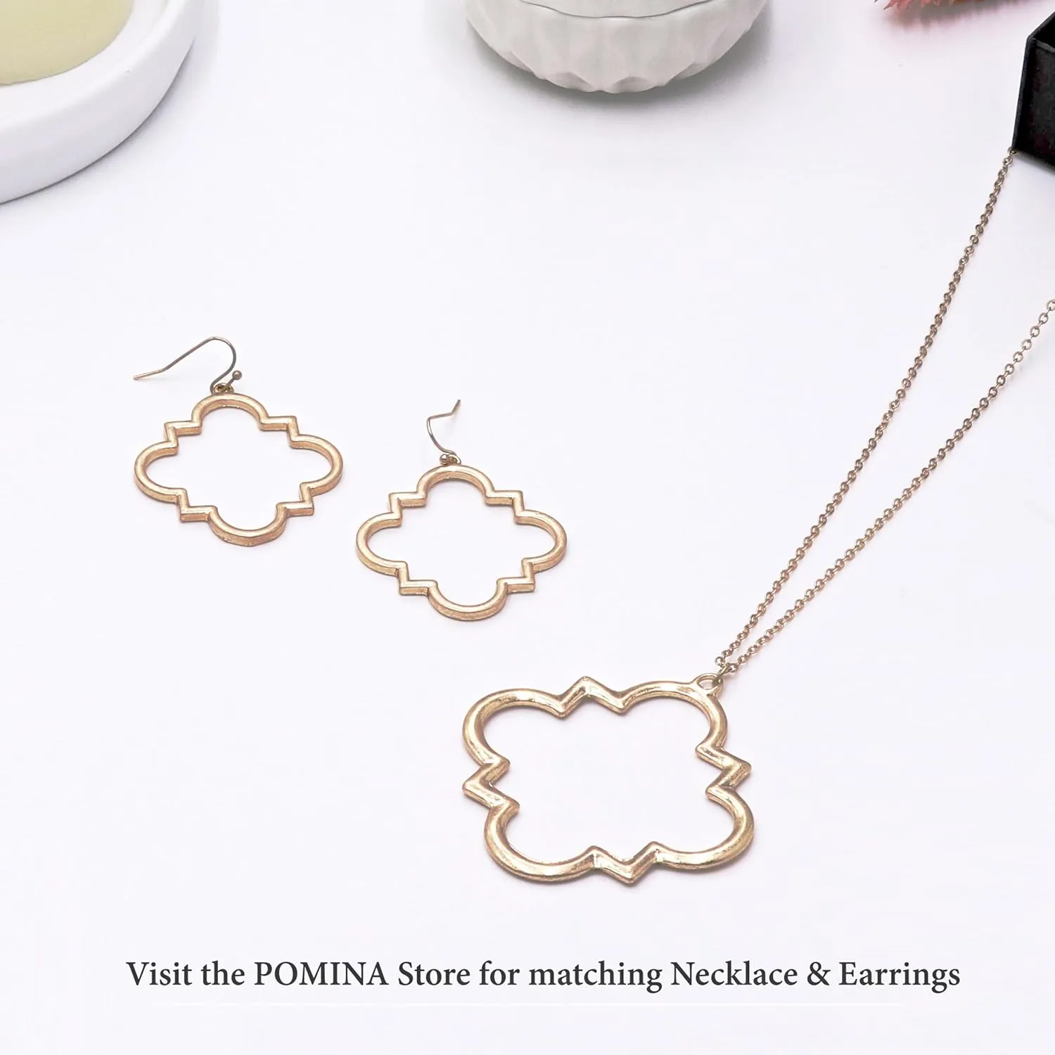 POMINA Gold Fashion Long Chain Necklace Quatrefoil Necklace Two-Tone Clover Pendant Necklace Geometric Pendant Sweater Long Necklace for Women