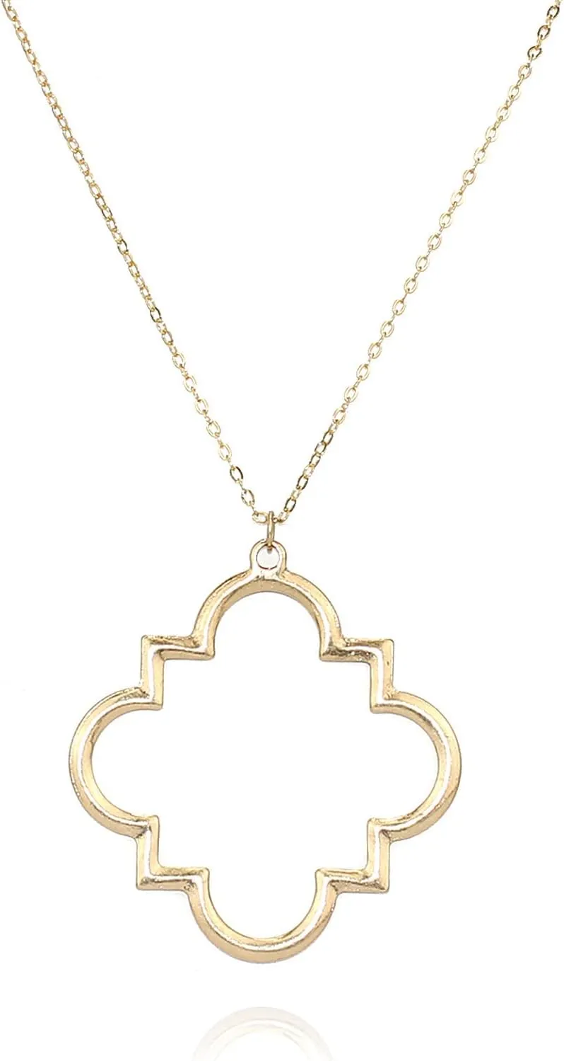 POMINA Gold Fashion Long Chain Necklace Quatrefoil Necklace Two-Tone Clover Pendant Necklace Geometric Pendant Sweater Long Necklace for Women