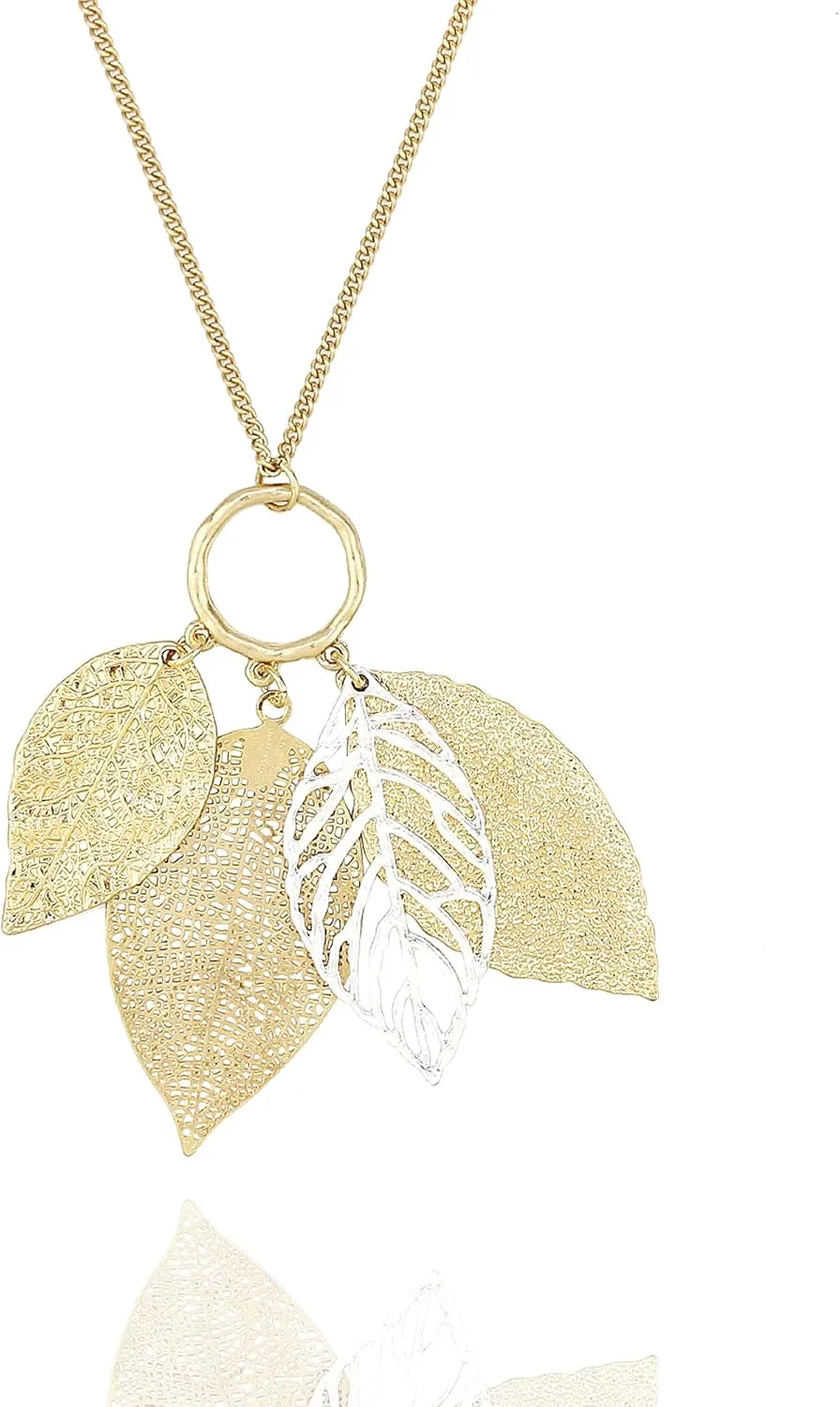 POMINA Gold Silver Two Tone Filigree Fall Leaf Pendant Long Necklace Chic Sweater Chain Statement Necklace for Women