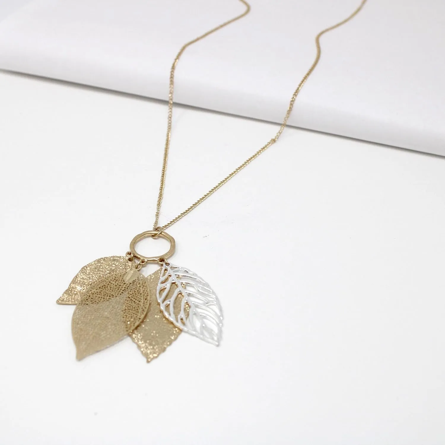 POMINA Gold Silver Two Tone Filigree Fall Leaf Pendant Long Necklace Chic Sweater Chain Statement Necklace for Women
