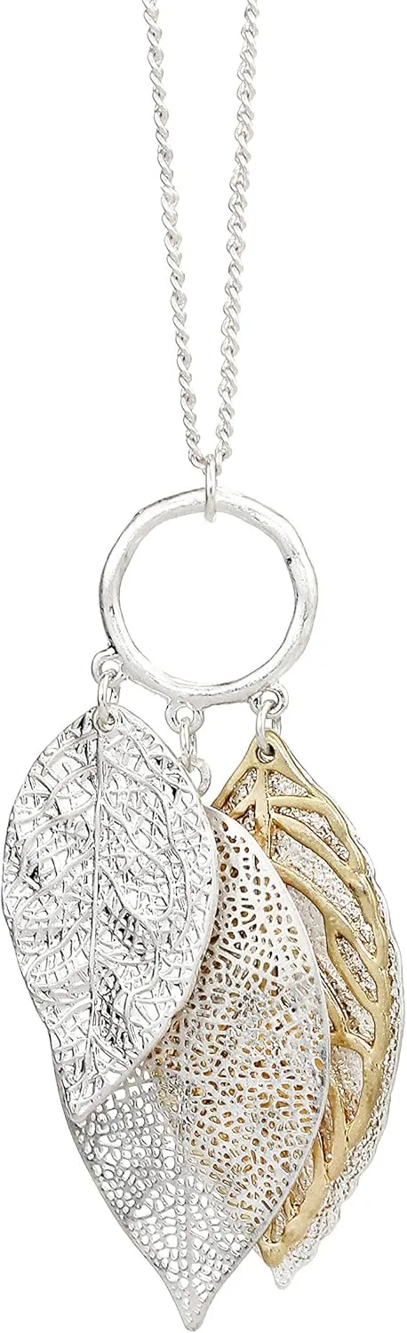 POMINA Gold Silver Two Tone Filigree Fall Leaf Pendant Long Necklace Chic Sweater Chain Statement Necklace for Women