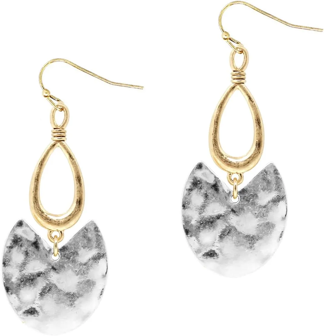 POMINA Lightweight Geometric Gold Silver Two Tone Hammered Dangle Drop Earrings Linked Circle Rectangle Oval Trendy Fashion Dangling Earrings for Women