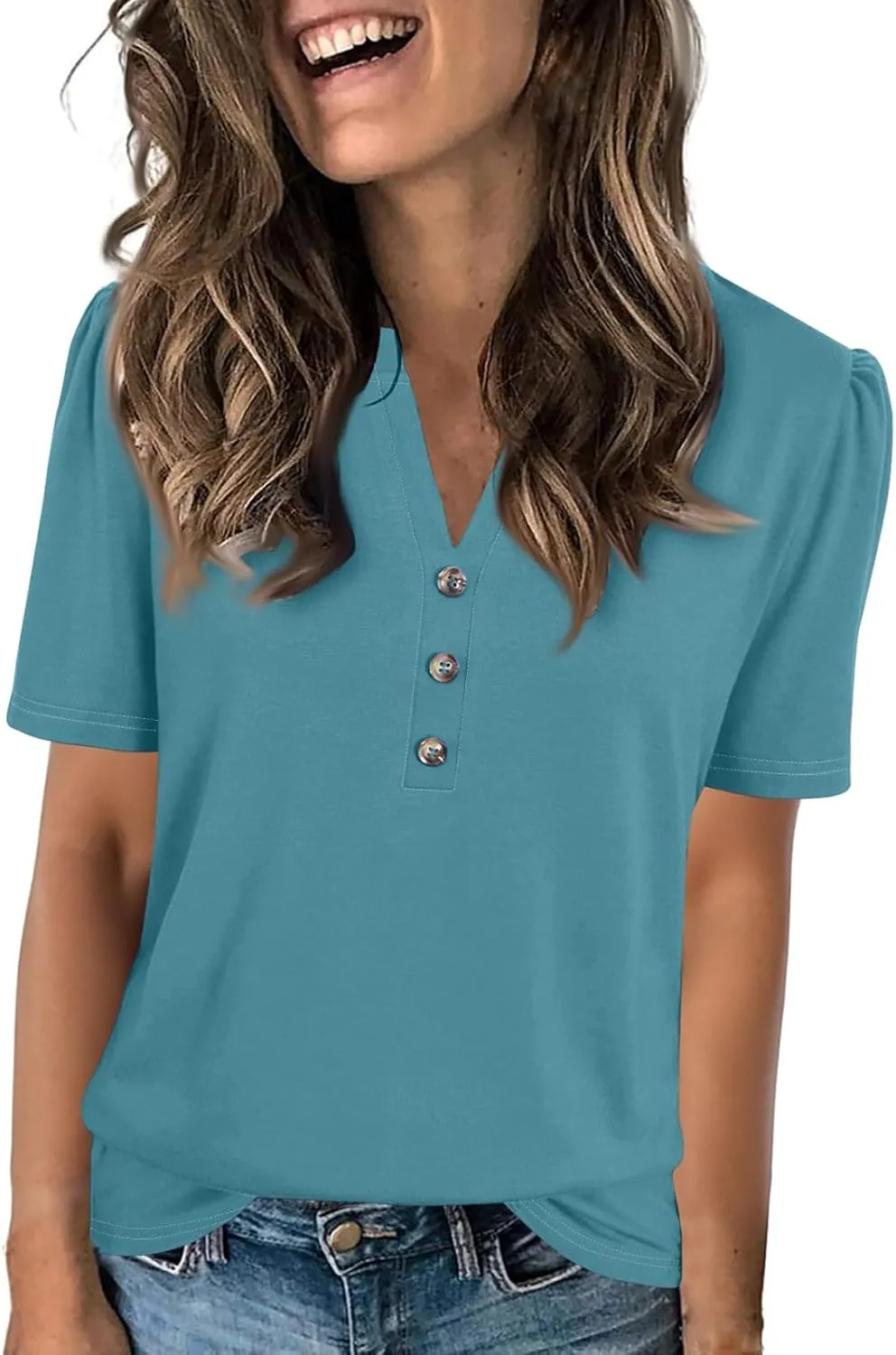 Puff Sleeve Tops for Women Summer Solid/Floral Printed Button V Neck Short Sleeve Top Casual Loose Going Out Blouse