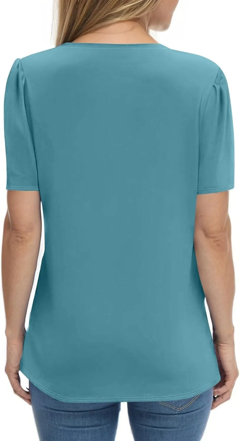 Puff Sleeve Tops for Women Summer Solid/Floral Printed Button V Neck Short Sleeve Top Casual Loose Going Out Blouse