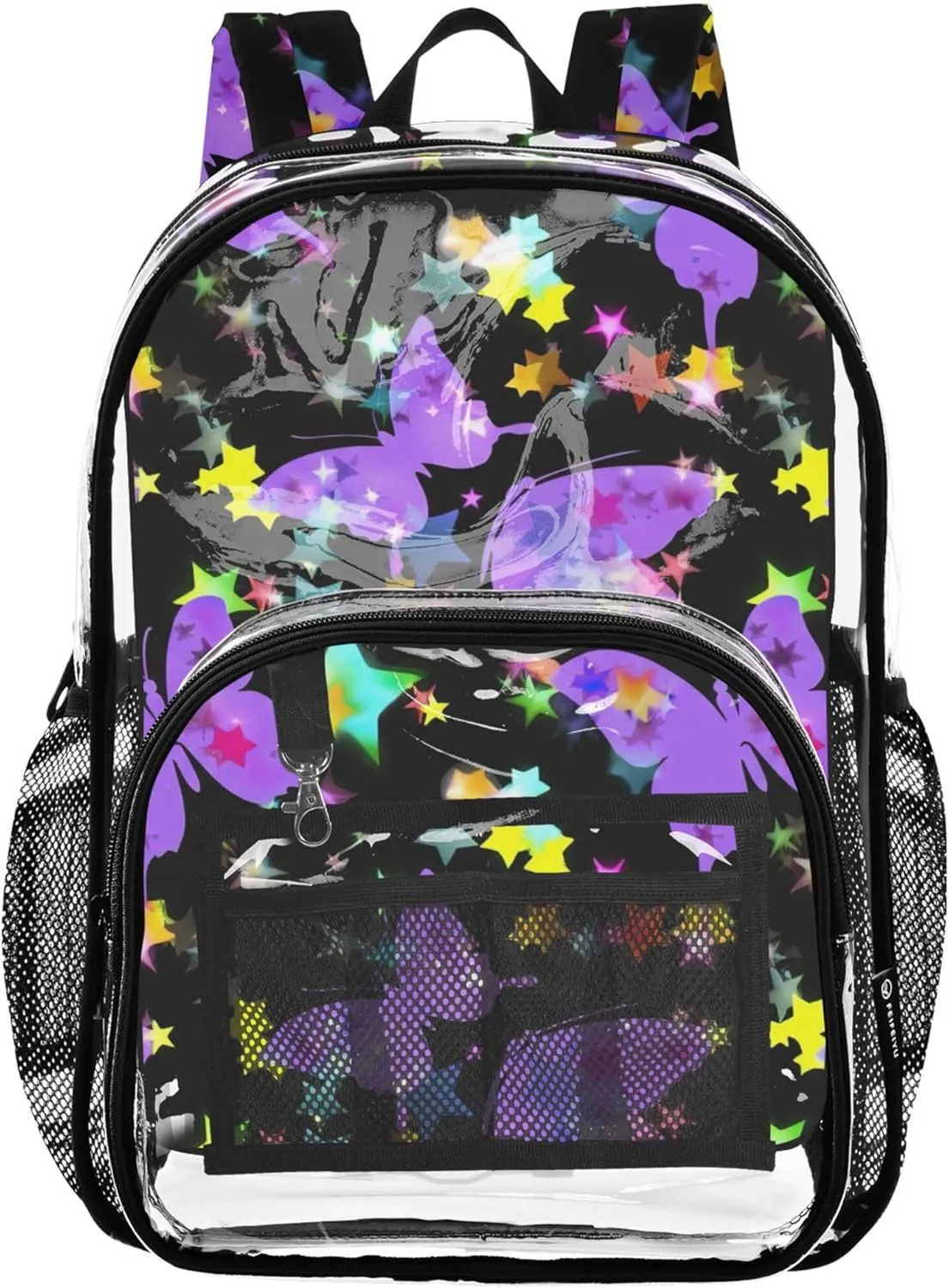 Purple Butterflies Colorful Stars Travel Clear Bags for Women Girls Backpack for Kids School Clear Plastic Bag Pvc
