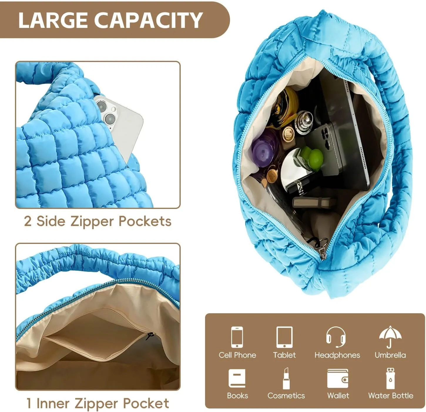 Quilted Tote Bag, Puffer Bag for Women, Large Puffy Shoulder Bag, Lightweight Checkered Purse, Soft Padded Hobo Bag