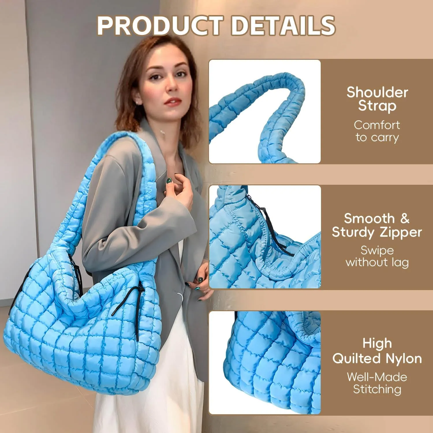 Quilted Tote Bag, Puffer Bag for Women, Large Puffy Shoulder Bag, Lightweight Checkered Purse, Soft Padded Hobo Bag