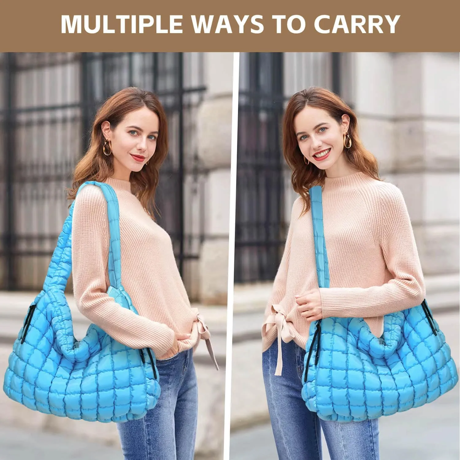 Quilted Tote Bag, Puffer Bag for Women, Large Puffy Shoulder Bag, Lightweight Checkered Purse, Soft Padded Hobo Bag