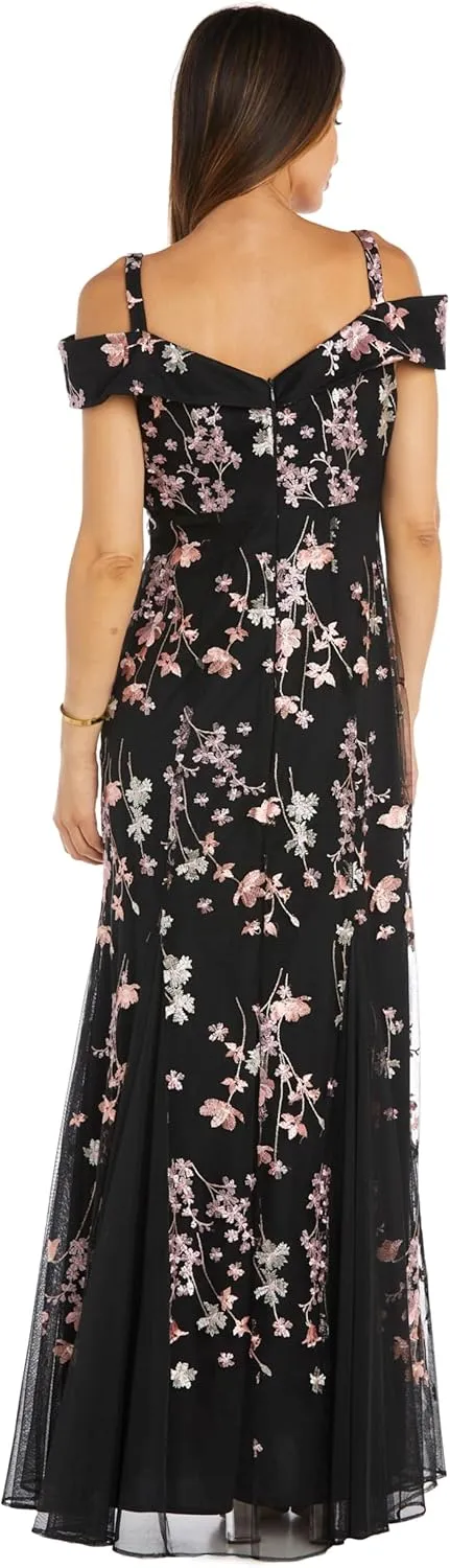 R&M Richards Long Off Shoulder Evening Gown W/Threadwork Foral Embellishments