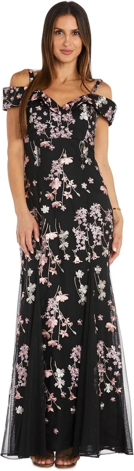 R&M Richards Long Off Shoulder Evening Gown W/Threadwork Foral Embellishments