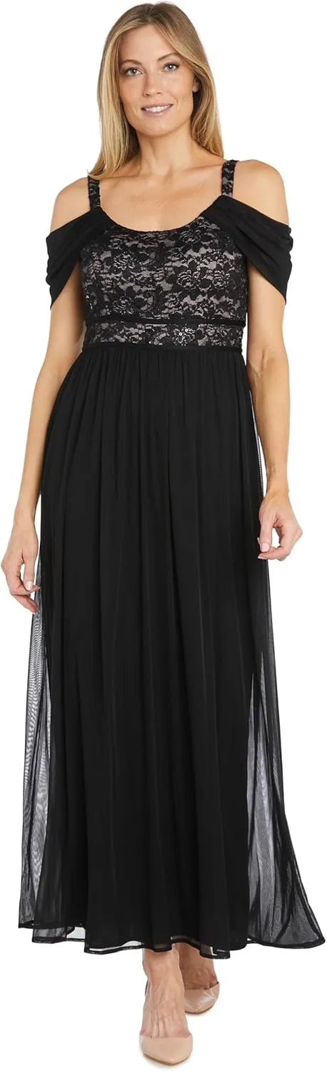 R&M Richards Womens Chiffon Cold Shoulder Evening Dress