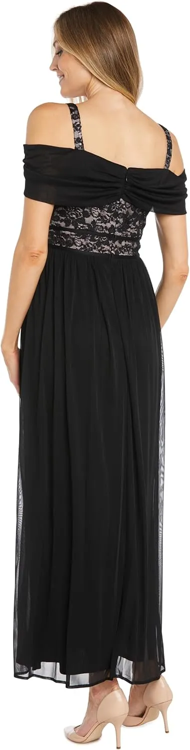 R&M Richards Womens Chiffon Cold Shoulder Evening Dress
