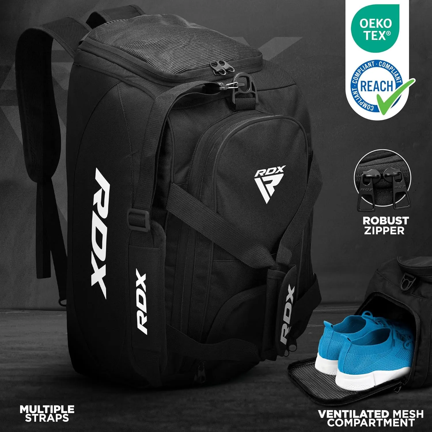 RDX Kit Bag Gym Duffle Sports Holdall Gear MMA Fitness Exercise Equipment Backpack Hiking Luggage Shoulder Sportswear Lightweight Rucksack Handles Running Zipper Travel Carry on (Black)