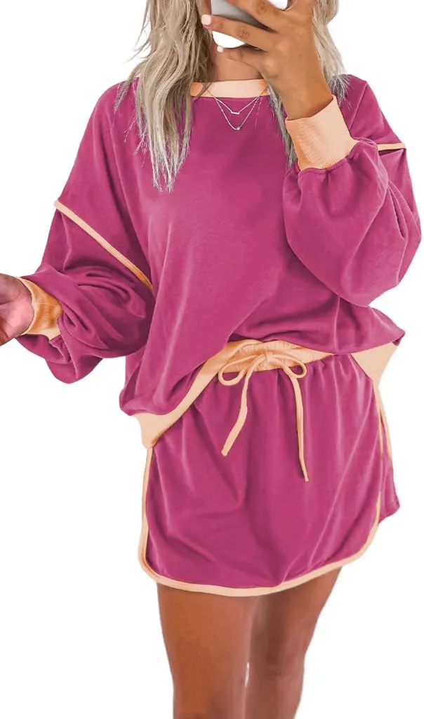 Rose Red Color Contrast Loose Pullover and Lace-up Waist Skort Set