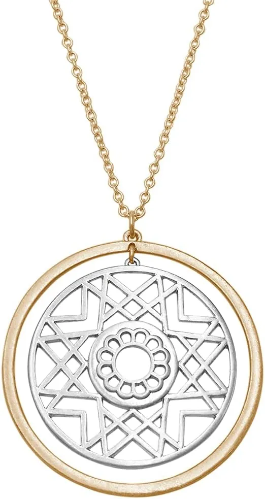 Rosemarie Collections Stunning Vintage Vibes Two Tone Geometric Metal Star Medallion On Long Cable Chain Pendant Necklace, 34" 3" Extender