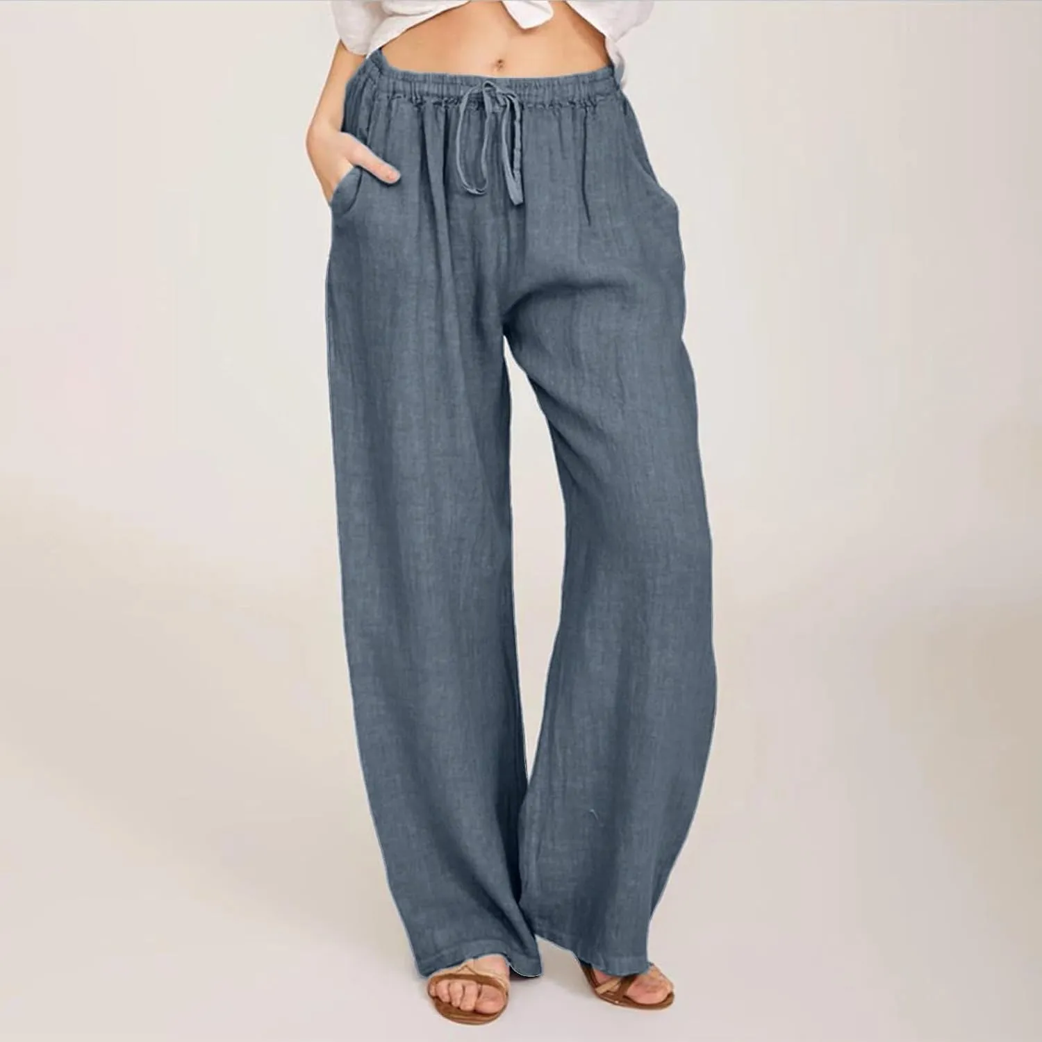 Rvidbe Linen Pants Women Summer Wide Leg Casual Loose Drawstring Pants Lounge High Waist Palazzo Pants Trousers with Pockets