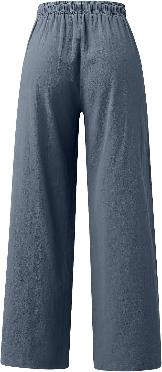 Rvidbe Linen Pants Women Summer Wide Leg Casual Loose Drawstring Pants Lounge High Waist Palazzo Pants Trousers with Pockets