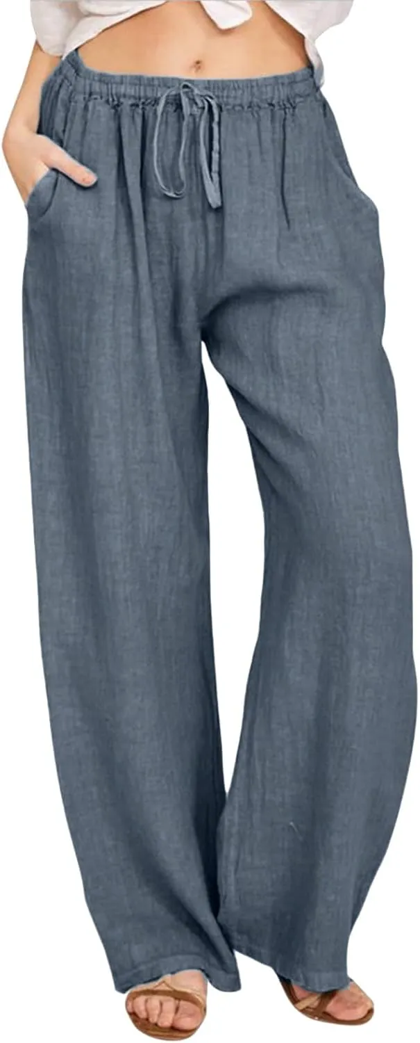 Rvidbe Linen Pants Women Summer Wide Leg Casual Loose Drawstring Pants Lounge High Waist Palazzo Pants Trousers with Pockets