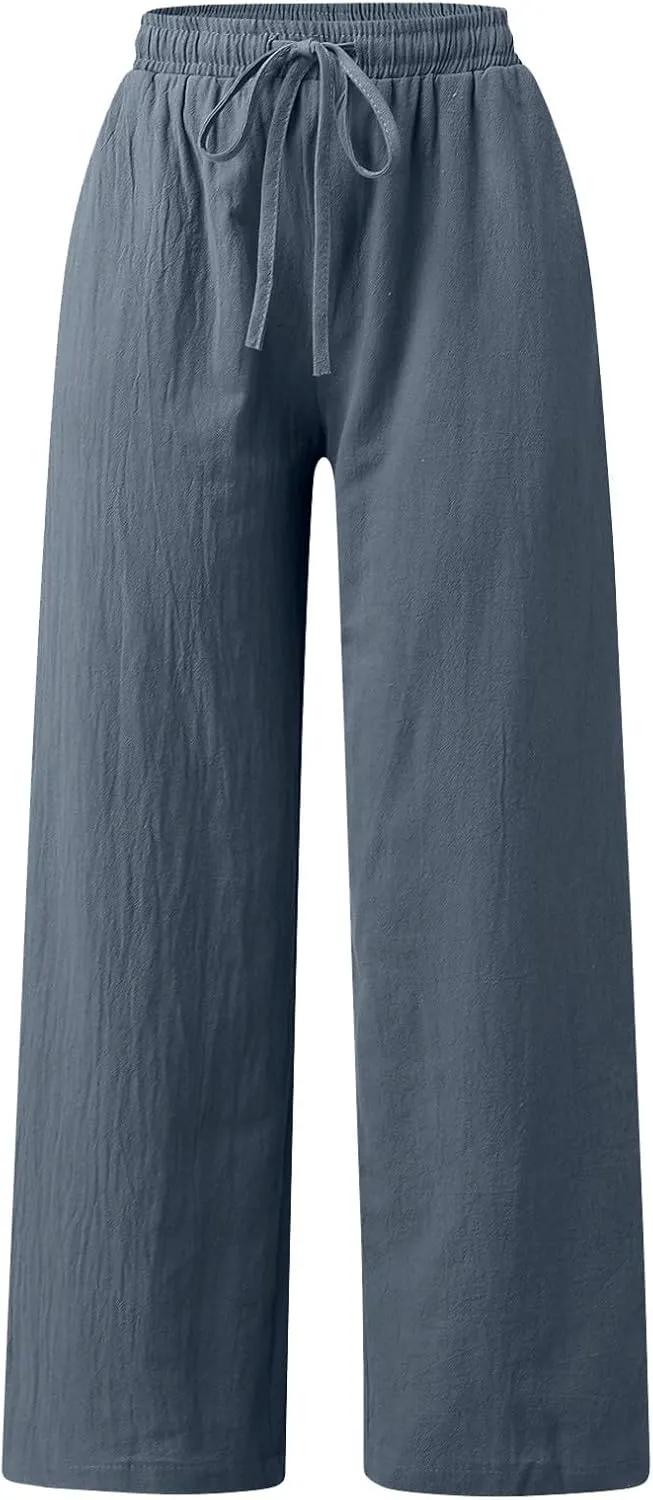 Rvidbe Linen Pants Women Summer Wide Leg Casual Loose Drawstring Pants Lounge High Waist Palazzo Pants Trousers with Pockets