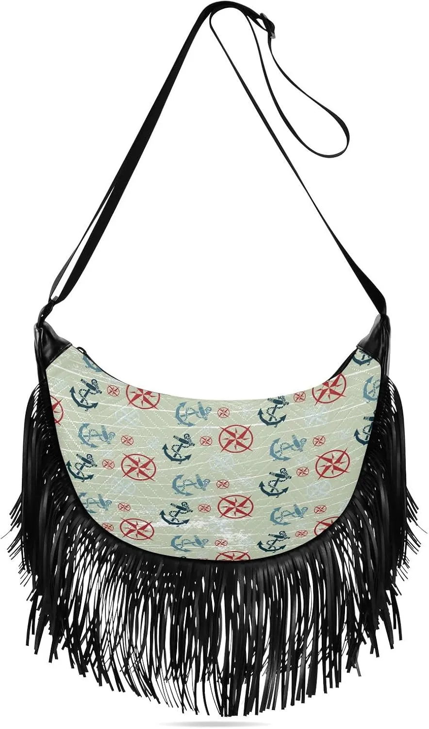 Sailing-pattern Women Tassel Fringe Shoulder bag, Fringe Purse Crossbody, Women Tassel Hobo Bag with Zipper