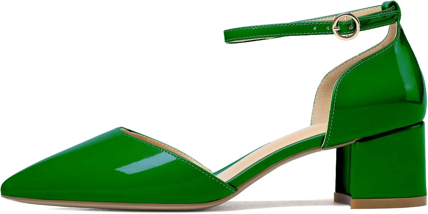 SAMMITOP Women's Pointed Toe Pumps D'Orsay Sandals Ankle Strap Buckle Chunky Block Heel Dress Shoes