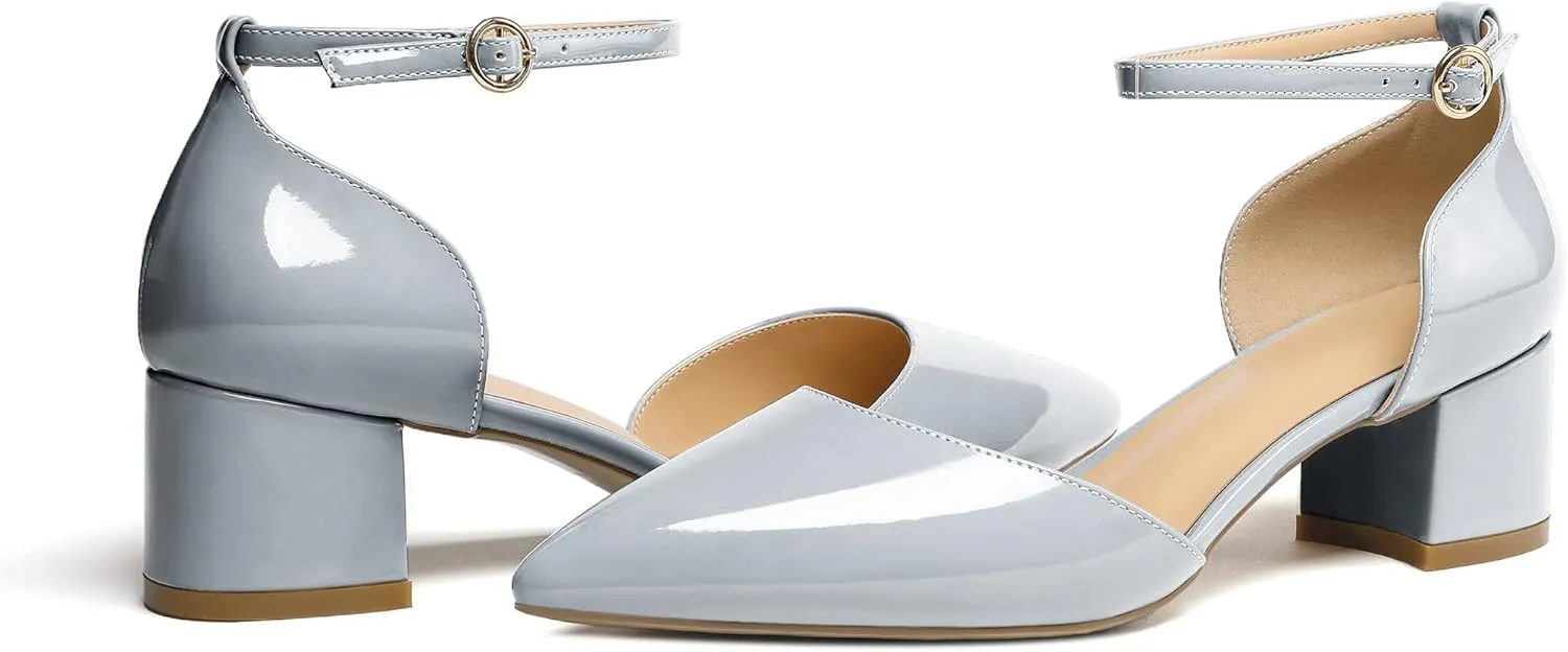 SAMMITOP Women's Pointed Toe Pumps D'Orsay Sandals Ankle Strap Buckle Chunky Block Heel Dress Shoes