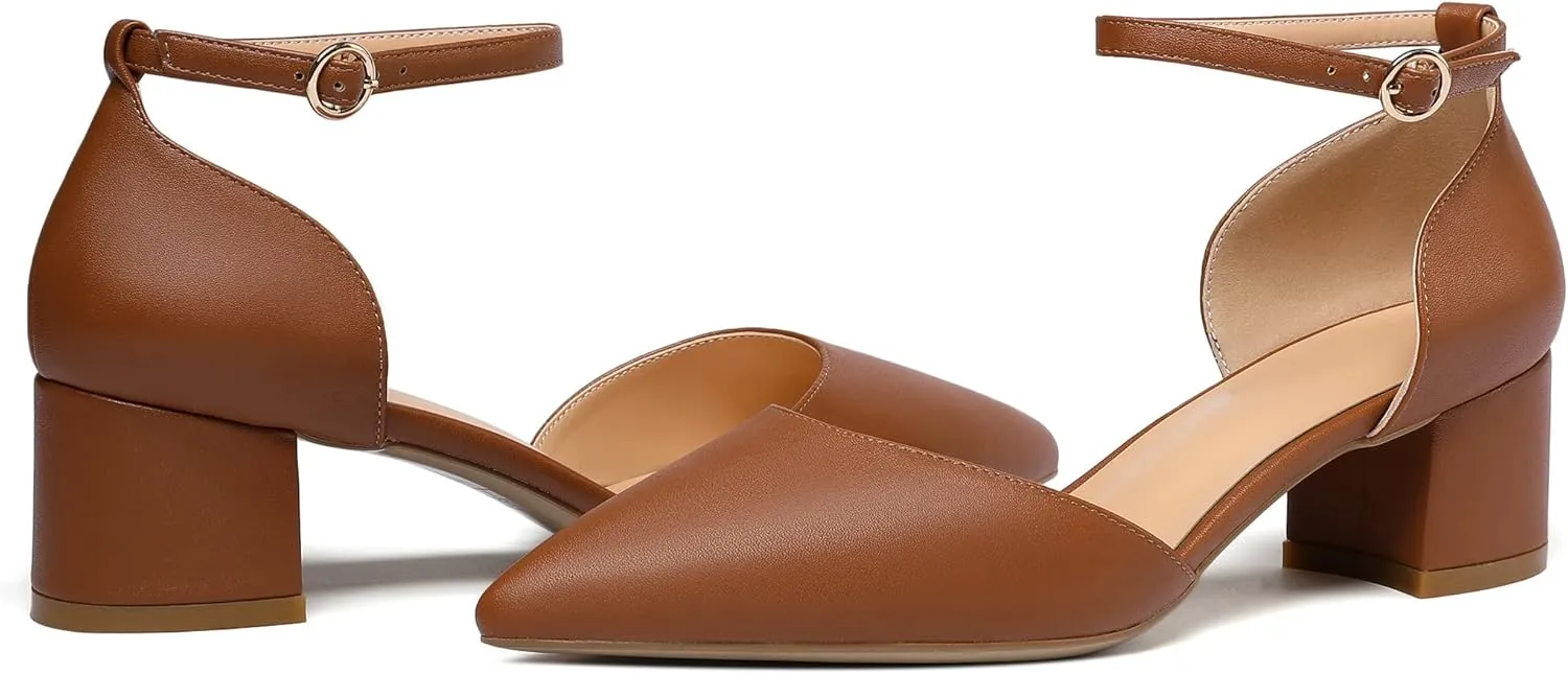 SAMMITOP Women's Pointed Toe Pumps D'Orsay Sandals Ankle Strap Buckle Chunky Block Heel Dress Shoes