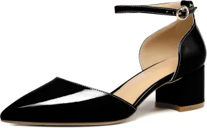 SAMMITOP Women's Pointed Toe Pumps D'Orsay Sandals Ankle Strap Buckle Chunky Block Heel Dress Shoes