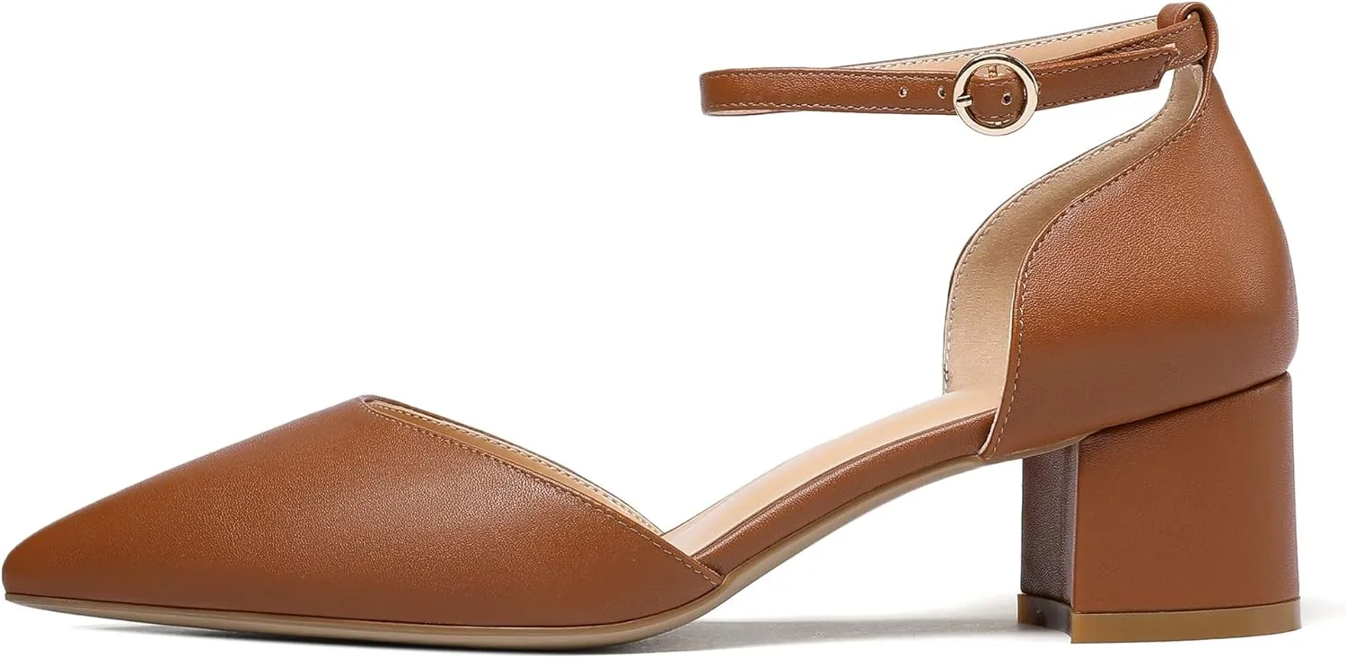 SAMMITOP Women's Pointed Toe Pumps D'Orsay Sandals Ankle Strap Buckle Chunky Block Heel Dress Shoes