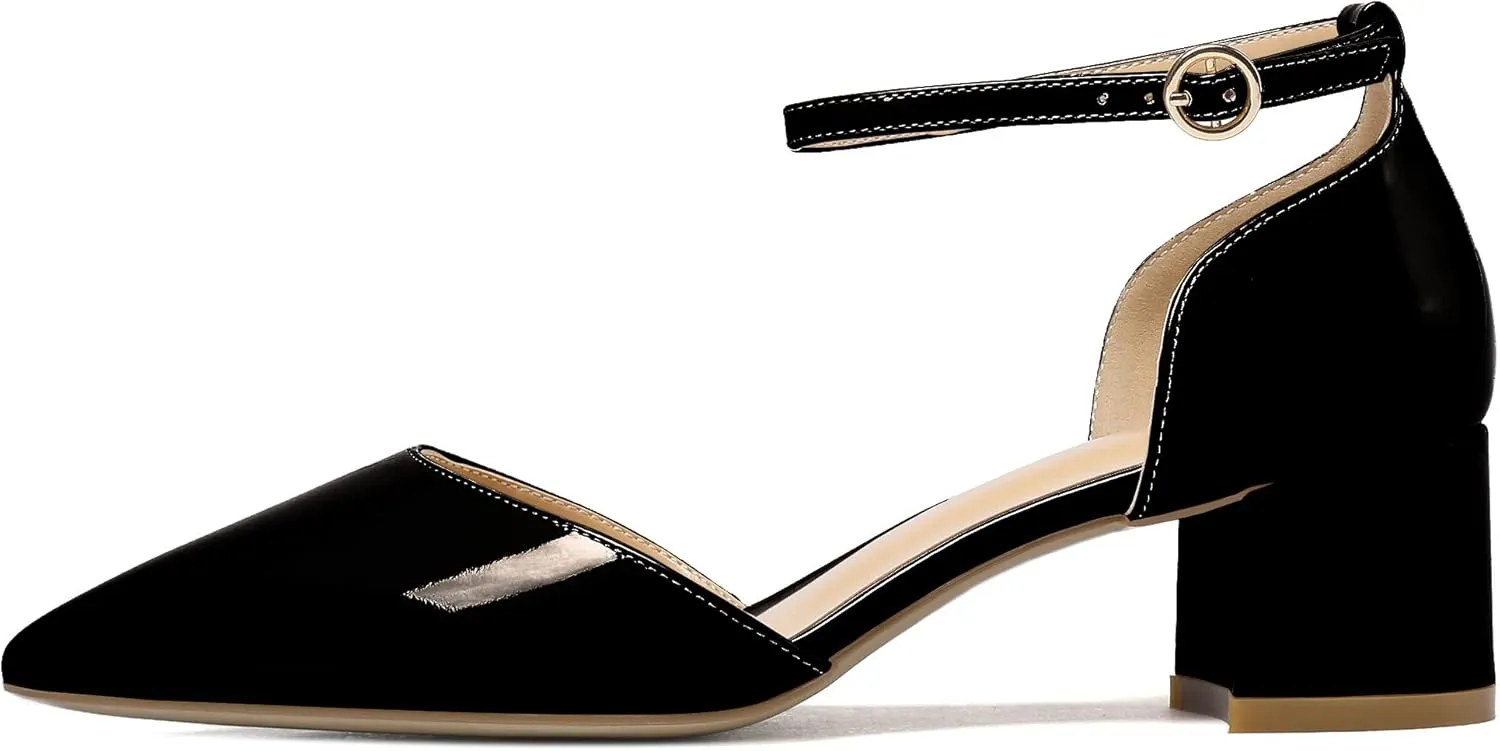 SAMMITOP Women's Pointed Toe Pumps D'Orsay Sandals Ankle Strap Buckle Chunky Block Heel Dress Shoes