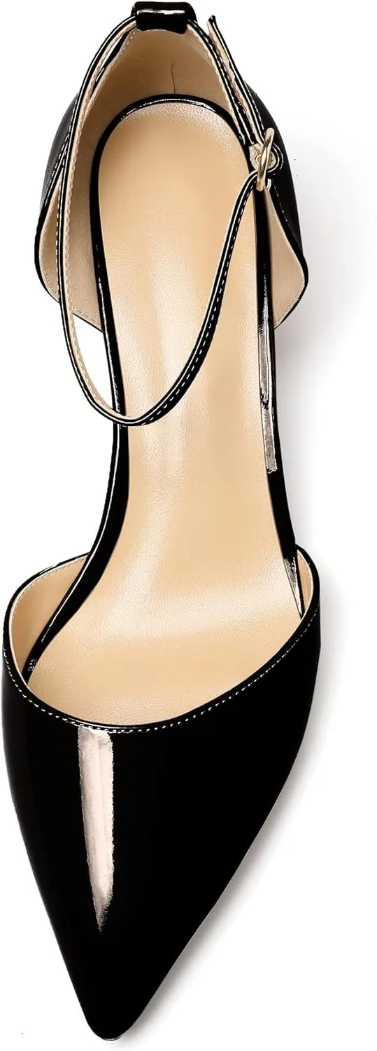 SAMMITOP Women's Pointed Toe Pumps D'Orsay Sandals Ankle Strap Buckle Chunky Block Heel Dress Shoes
