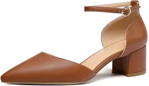 SAMMITOP Women's Pointed Toe Pumps D'Orsay Sandals Ankle Strap Buckle Chunky Block Heel Dress Shoes