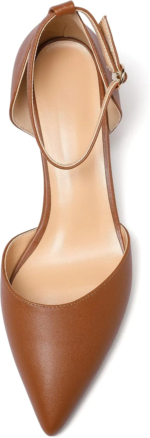 SAMMITOP Women's Pointed Toe Pumps D'Orsay Sandals Ankle Strap Buckle Chunky Block Heel Dress Shoes