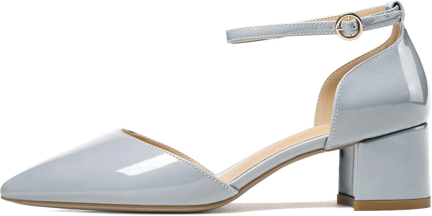 SAMMITOP Women's Pointed Toe Pumps D'Orsay Sandals Ankle Strap Buckle Chunky Block Heel Dress Shoes