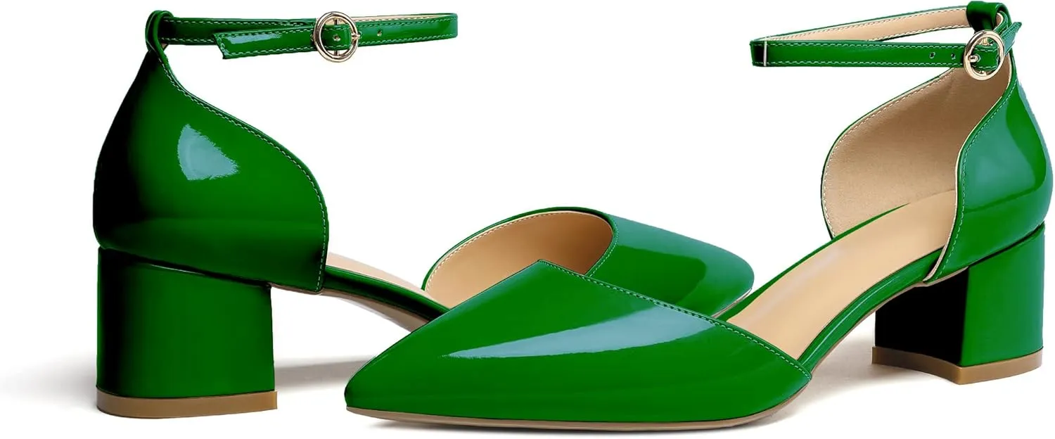 SAMMITOP Women's Pointed Toe Pumps D'Orsay Sandals Ankle Strap Buckle Chunky Block Heel Dress Shoes