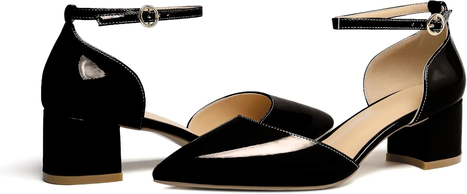 SAMMITOP Women's Pointed Toe Pumps D'Orsay Sandals Ankle Strap Buckle Chunky Block Heel Dress Shoes