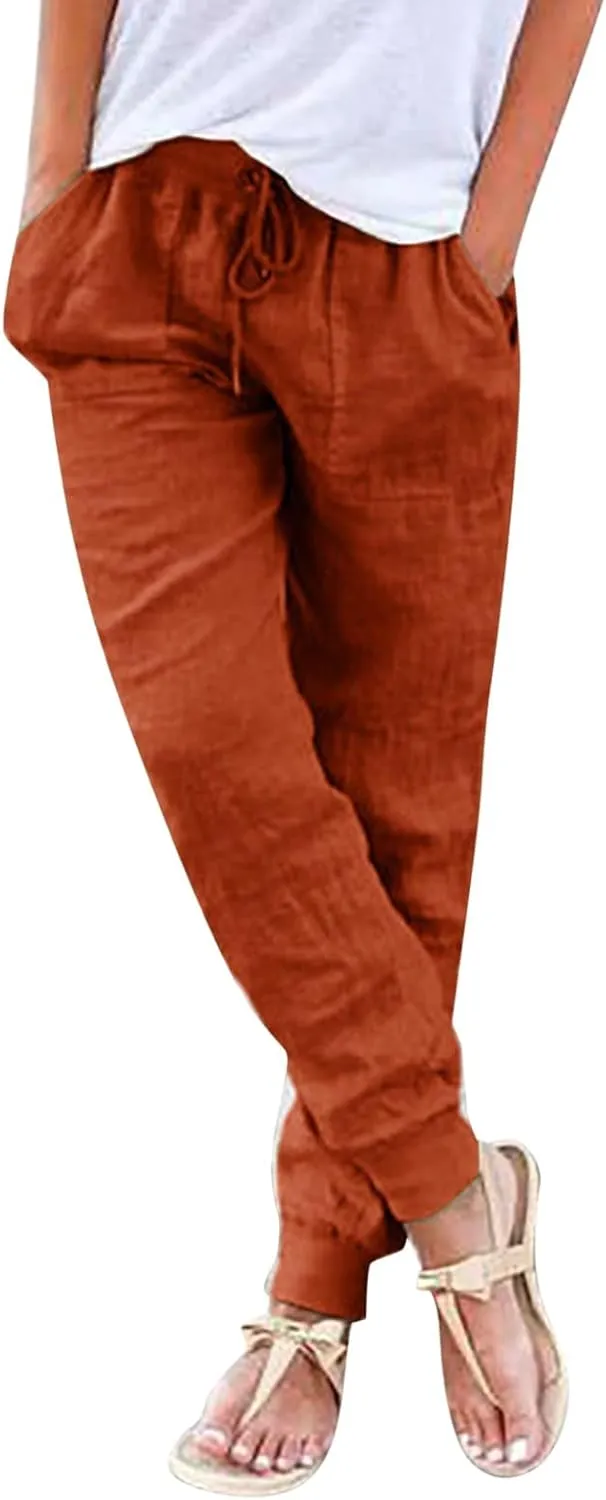sdbrld Summer Pants for Women 2025 Cotton Linen Tapered Pants Drawstring Elastic Waist Loose Fit Casual Beach Trousers