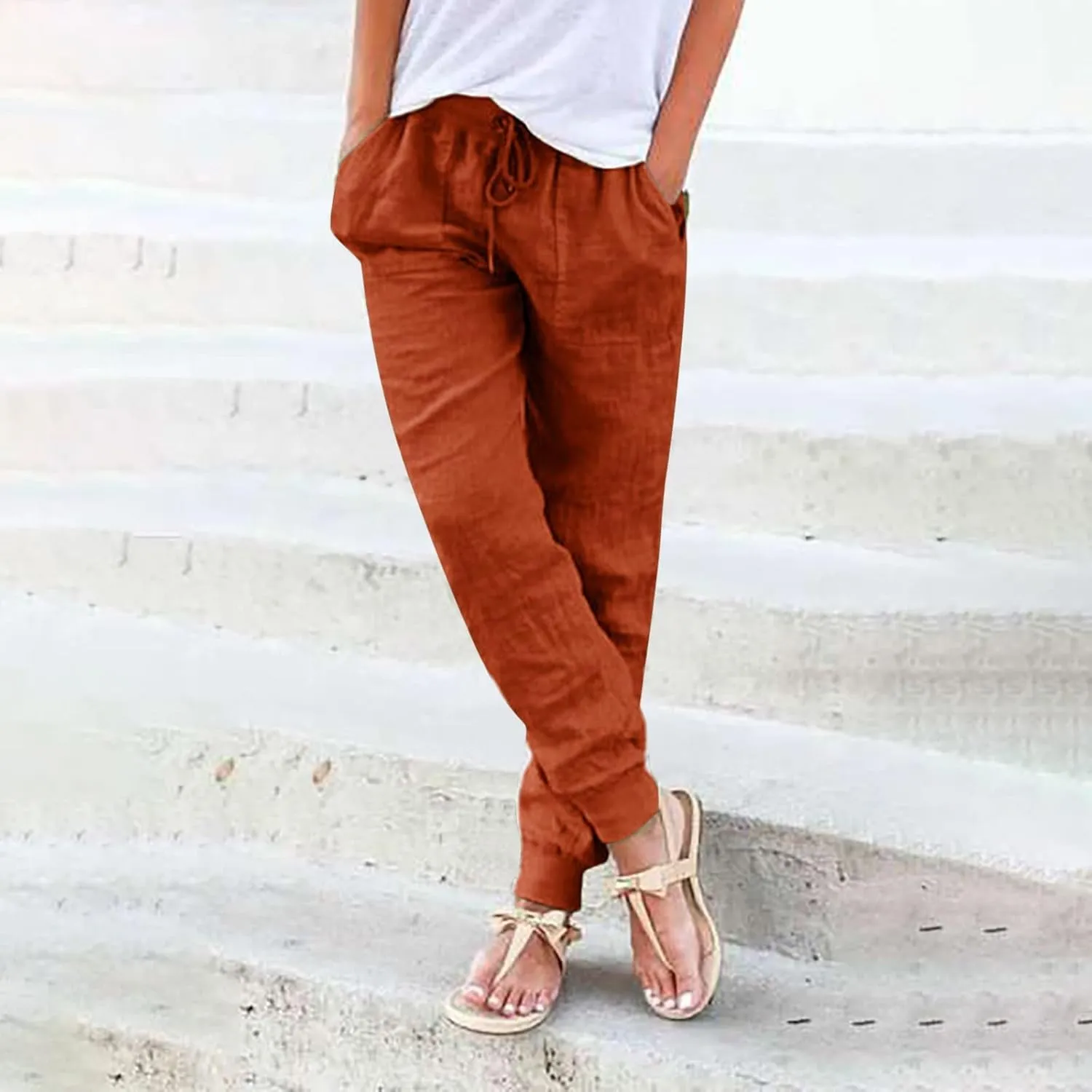 sdbrld Summer Pants for Women 2025 Cotton Linen Tapered Pants Drawstring Elastic Waist Loose Fit Casual Beach Trousers