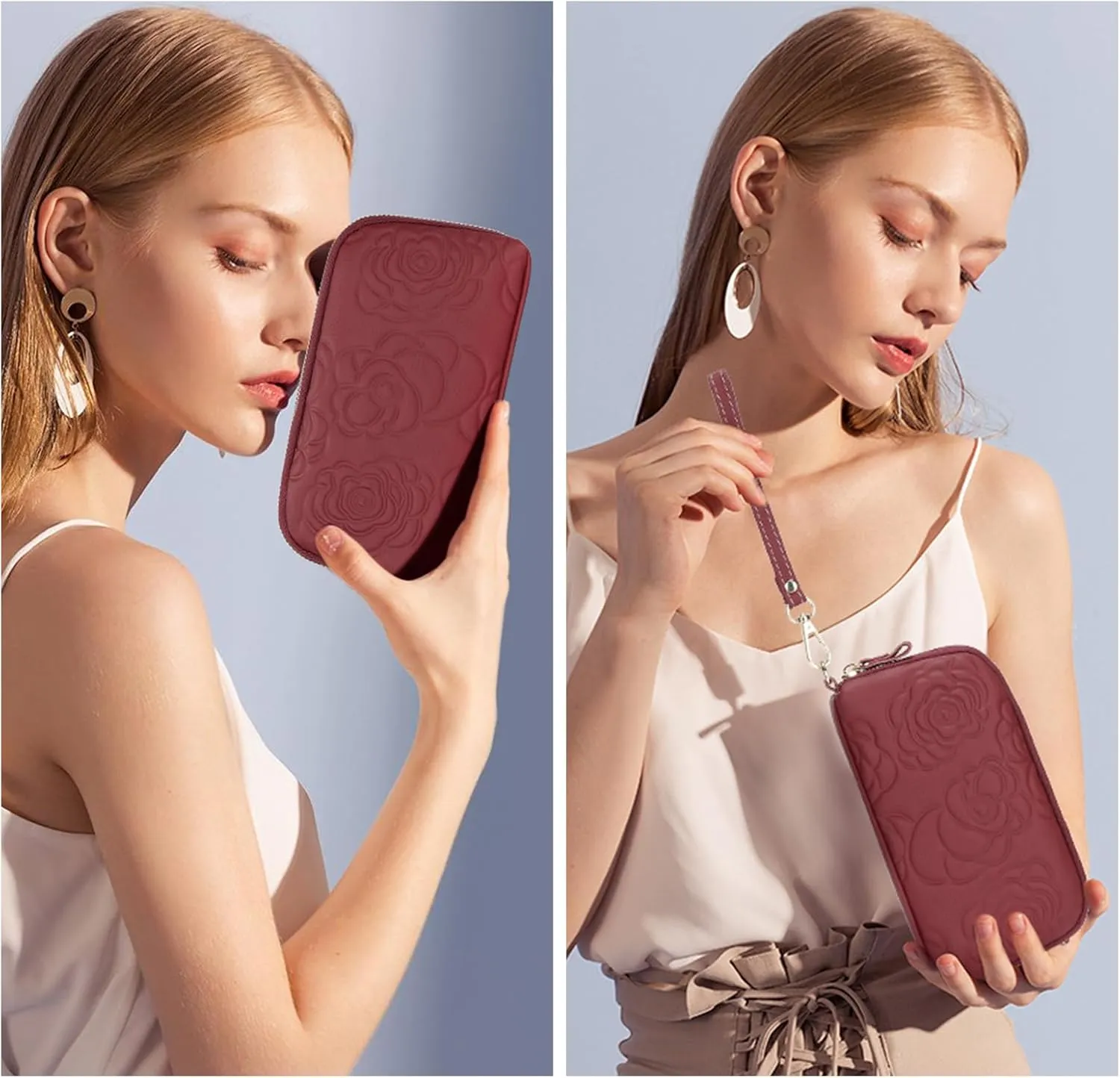 SENDEFN Leather Wristlet for Womens Wallet RFID Blocking Double Zip Cell Phone Clutch Purse
