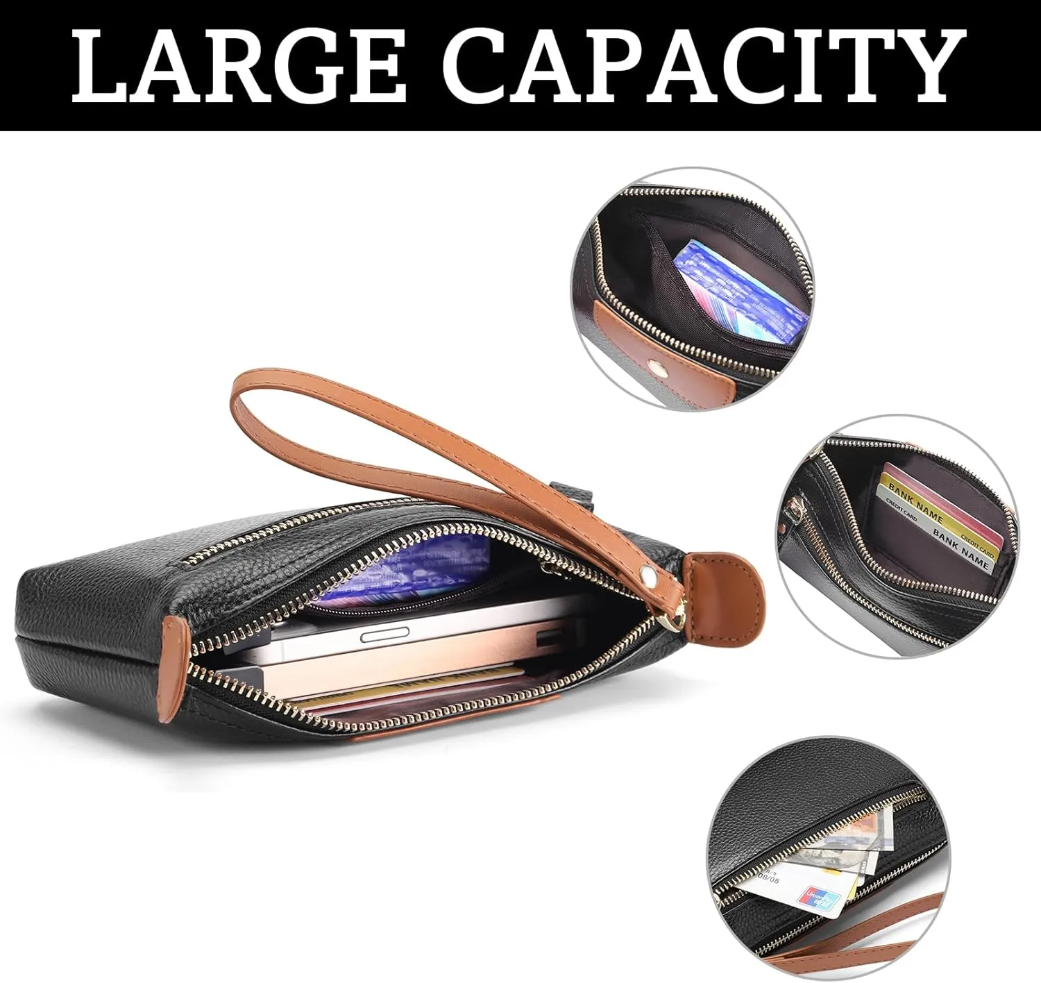 SENDEFN Leather Wristlet for Womens Wallet RFID Blocking Double Zip Cell Phone Clutch Purse