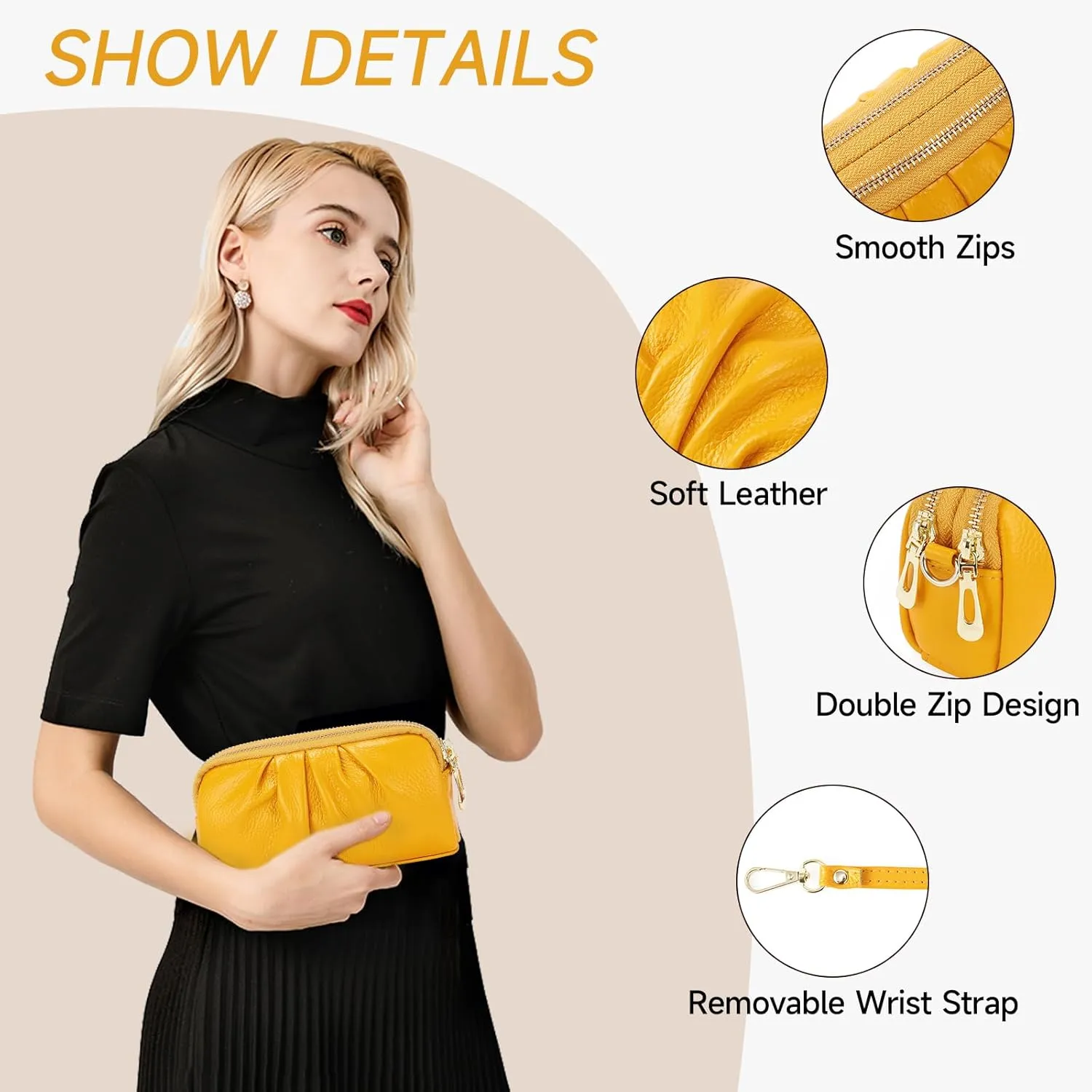 SENDEFN Leather Wristlet for Womens Wallet RFID Blocking Double Zip Cell Phone Clutch Purse