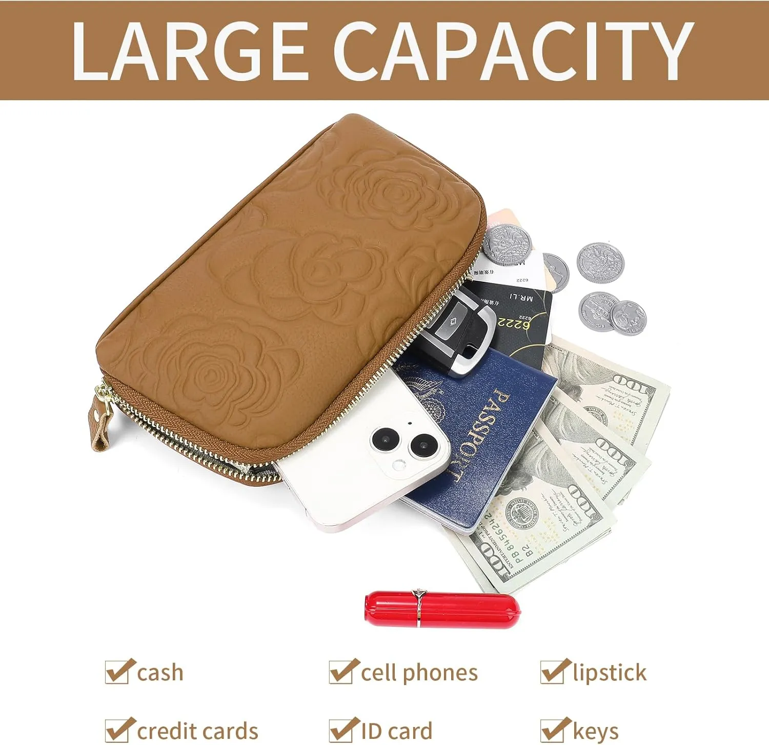 SENDEFN Leather Wristlet for Womens Wallet RFID Blocking Double Zip Cell Phone Clutch Purse