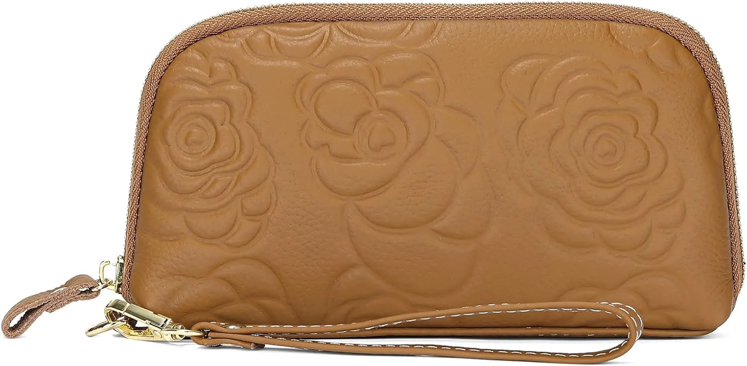 SENDEFN Leather Wristlet for Womens Wallet RFID Blocking Double Zip Cell Phone Clutch Purse