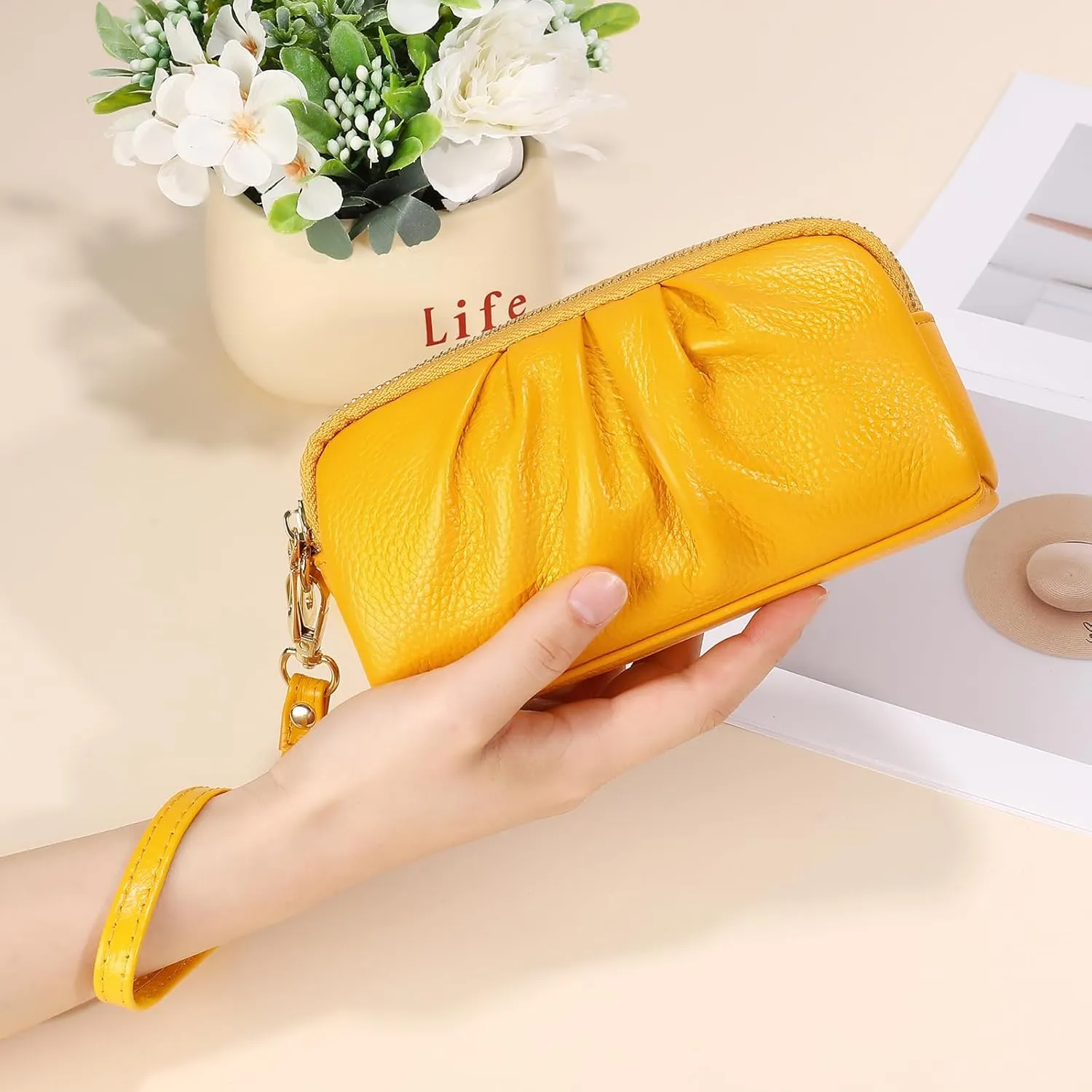 SENDEFN Leather Wristlet for Womens Wallet RFID Blocking Double Zip Cell Phone Clutch Purse