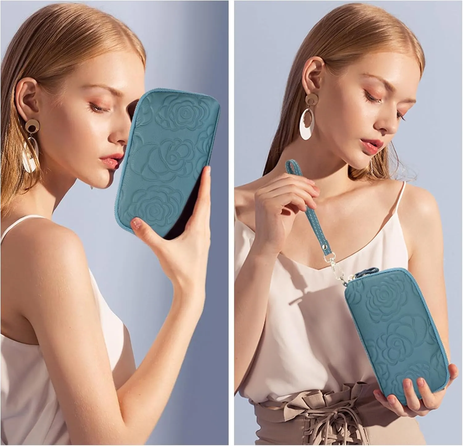 SENDEFN Leather Wristlet for Womens Wallet RFID Blocking Double Zip Cell Phone Clutch Purse