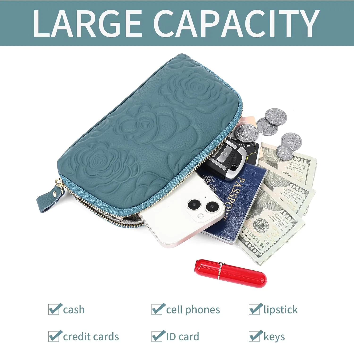 SENDEFN Leather Wristlet for Womens Wallet RFID Blocking Double Zip Cell Phone Clutch Purse